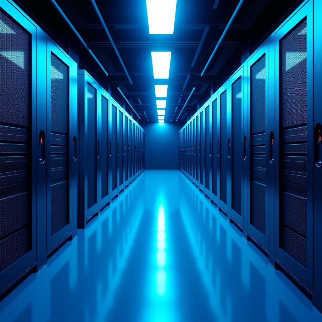 Modern data center hallway with blue ambient lights and server racks, high tech atmosphere, realistic style, 4:3