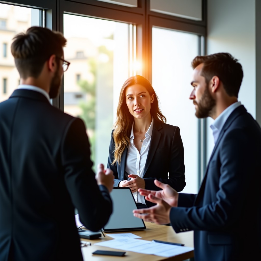 Professionals discussing digital project in a bright modern office, collaboration, natural expression, warm lighting, 4:3