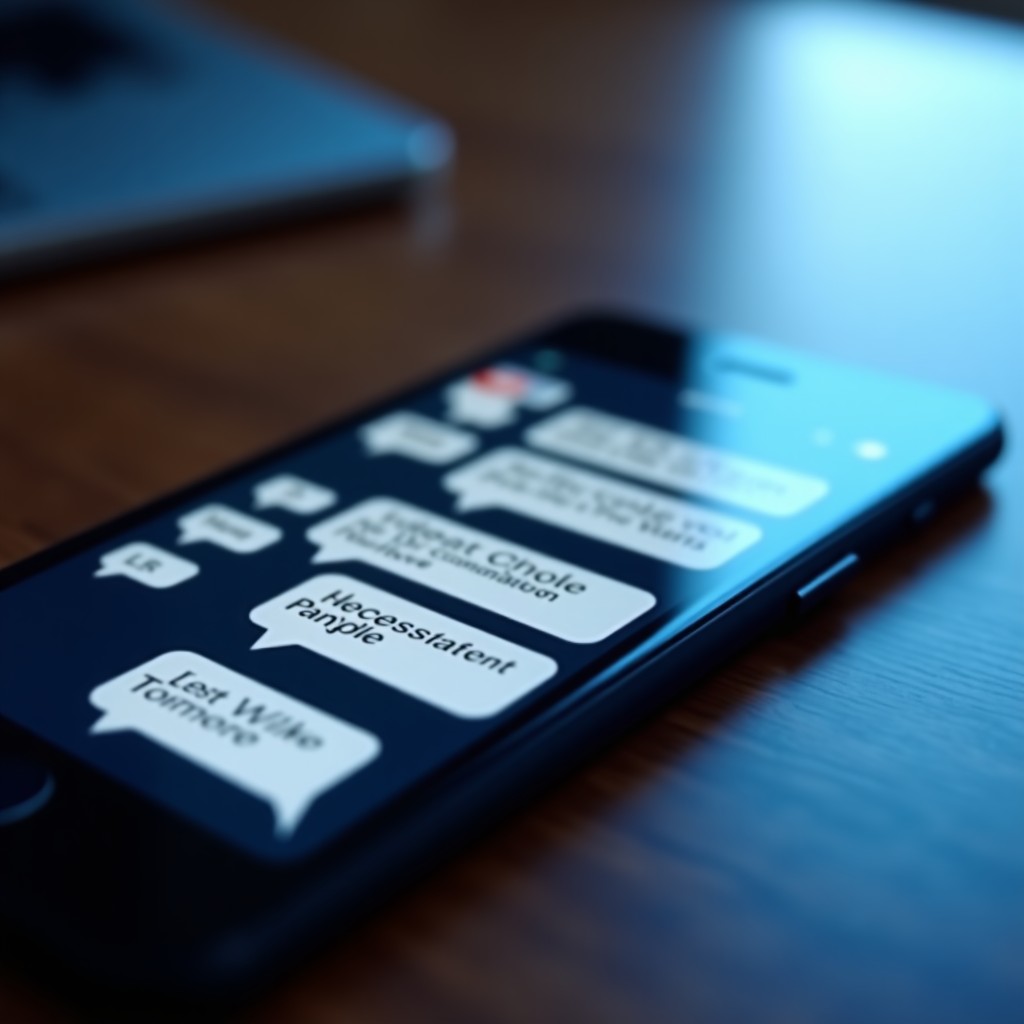 Close up of a sleek modern smartphone displaying abstract digital conversation bubbles with soft ambient lighting, professional photography, 4:3