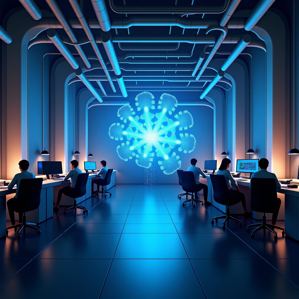 A complex abstract composition of futuristic neural circuits reflecting light in a sophisticated, professional workspace, 4:3