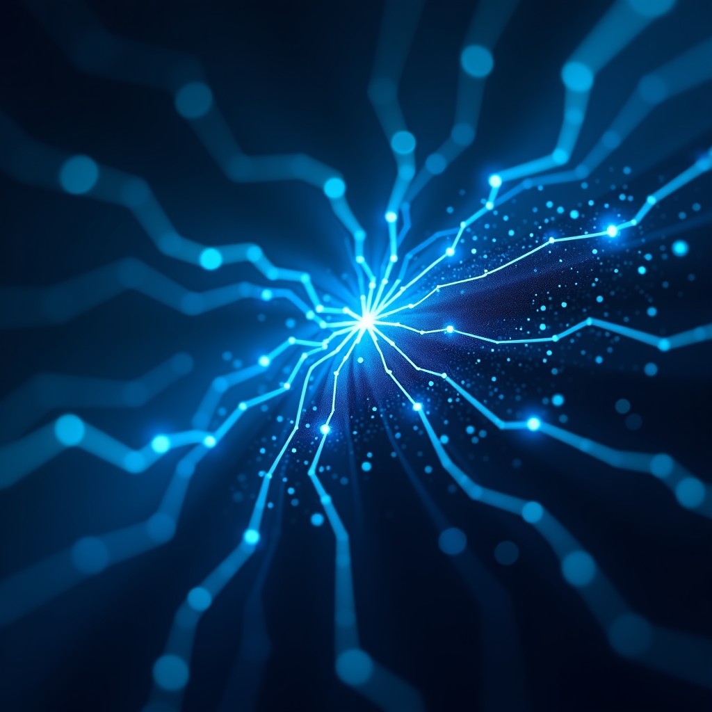 A complex abstract visualization of neural network connections glowing in a dark blue digital space with binary code particles, high-tech scientific aesthetic, 4:3 aspect ratio