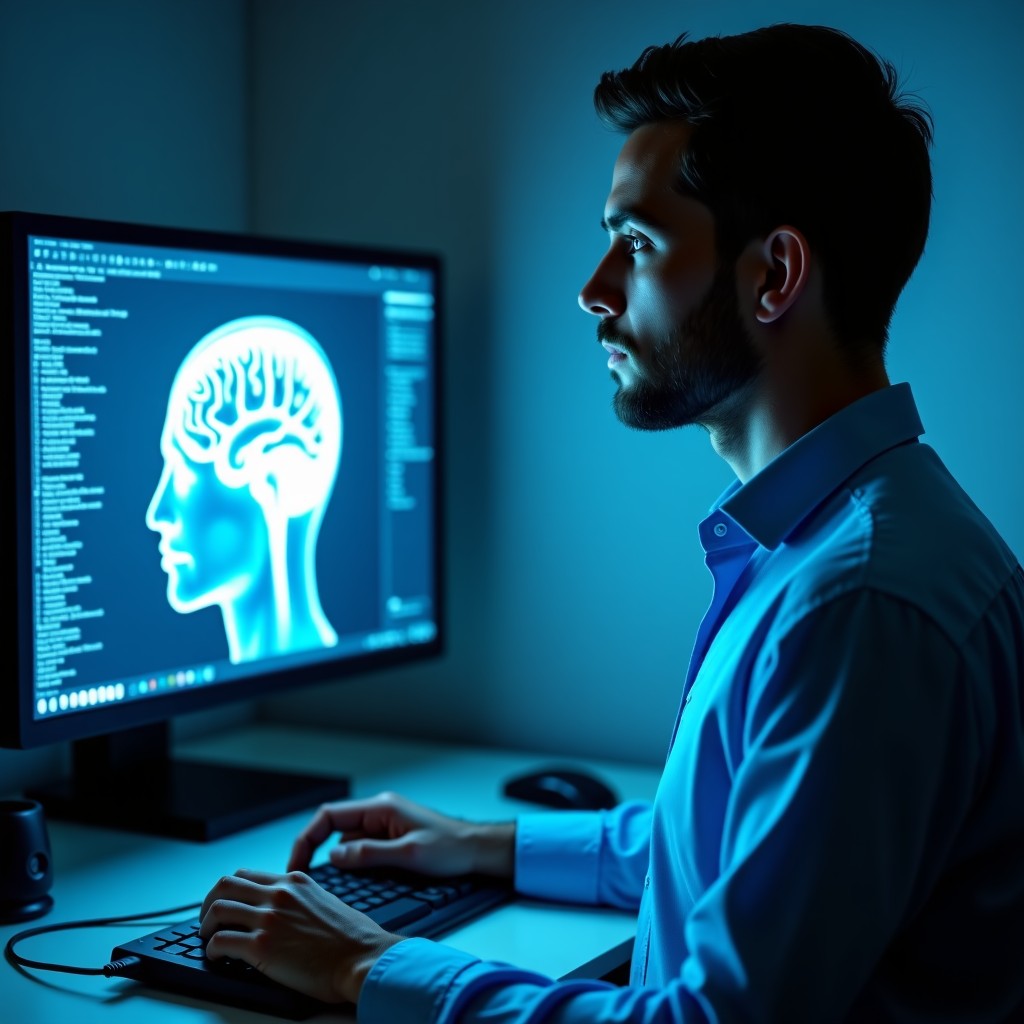 A researcher looking at a glowing holographic brain model on a monitor, soft ambient lighting, clean laboratory environment, 4:3 aspect ratio