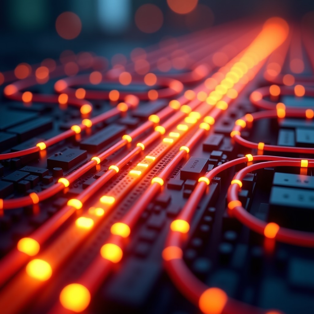 Futuristic fiber optic cables glowing in a warm light, representing information flow and connectivity, cinematic composition, 4:3 aspect ratio