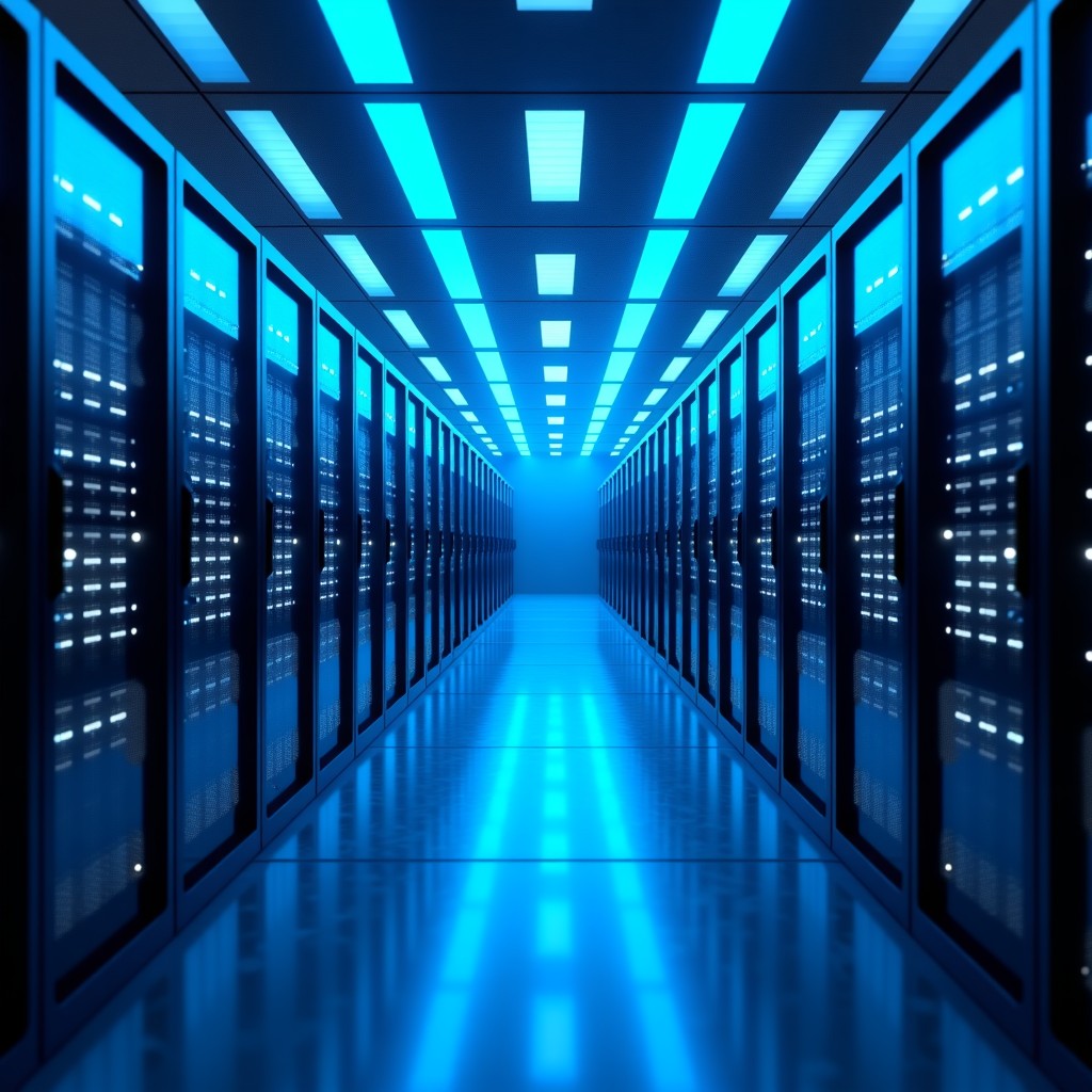 An abstract visual representation of cloud computing nodes and database storage clusters interconnected, futuristic server room style, 4:3 aspect ratio