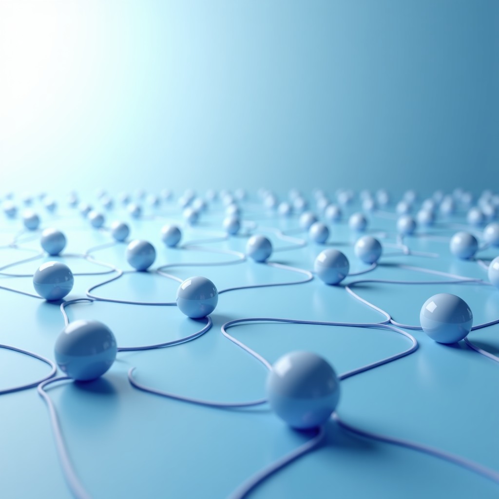 3D illustration of interconnected data nodes expanding in a digital space, clean geometric shapes, soft gradient background, 4:3 aspect ratio