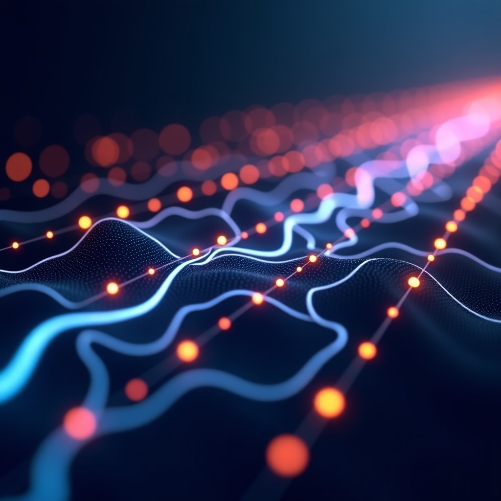 Abstract representation of digital connections and data flow, futuristic network lines, glowing nodes, high contrast, 4:3 aspect ratio