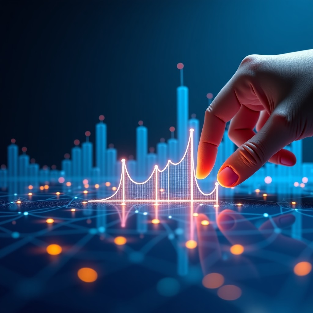 Professional marketing analysis, digital holographic charts, glowing data points, clean background, 4:3 aspect ratio