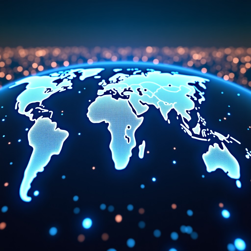 Conceptual image of a global internet hub, futuristic city lights combined with data streams, high-tech atmosphere, 4:3 aspect ratio