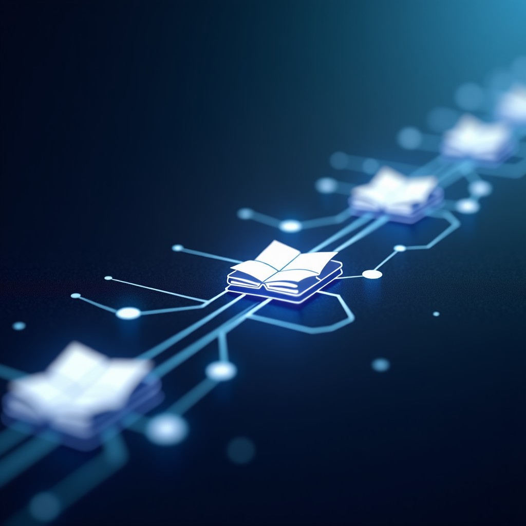 Abstract representation of digital information flow, light streaks connecting to book icons, dark background with glowing data points, clean modern design, 4:3 aspect ratio