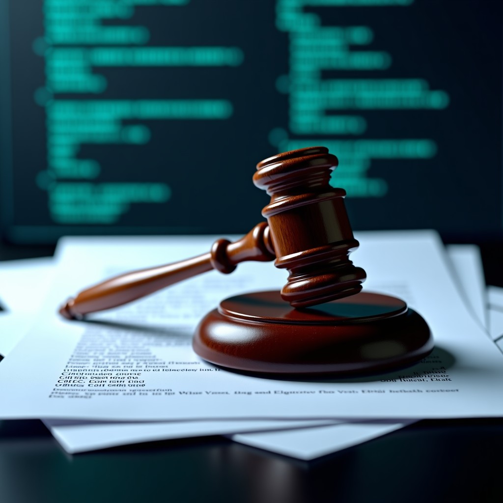 Gavel resting on top of a pile of digital code and documents, symbolic representation of legal fairness in tech, sharp focus, bright professional lighting, 4:3 aspect ratio