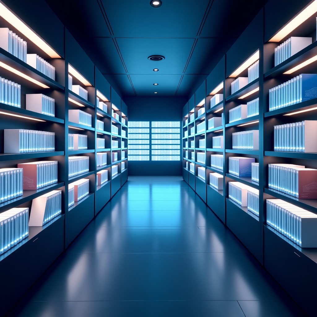 A futuristic library with digital glowing holographic books, clean composition, soft ambient lighting, high-tech interior, 4:3 aspect ratio