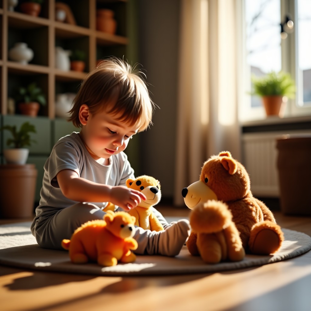 A toddler engaged in imaginative play with stuffed animals, cozy home environment, warm indoor lighting, shallow depth of field, 4:3
