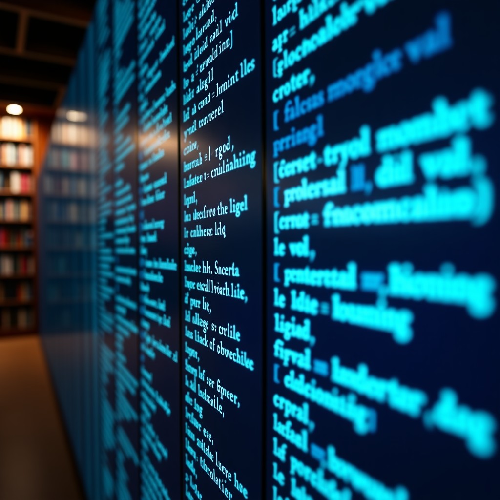 Abstract representation of data streams and law library aesthetics, merging digital code with classical bookshelf, sharp focus, 16:9