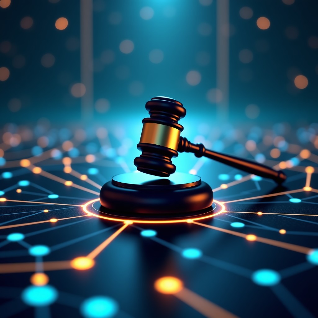 A complex abstract visual of interconnected nodes and legal gavel, cinematic depth of field, high-tech industrial aesthetic, 16:9