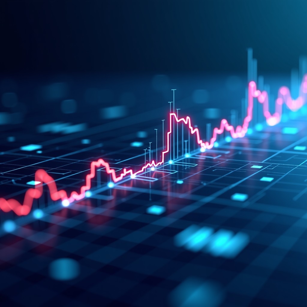 A high-tech digital workspace with abstract flowcharts and glowing data lines representing modern financial technology, minimalist, professional, 4:3