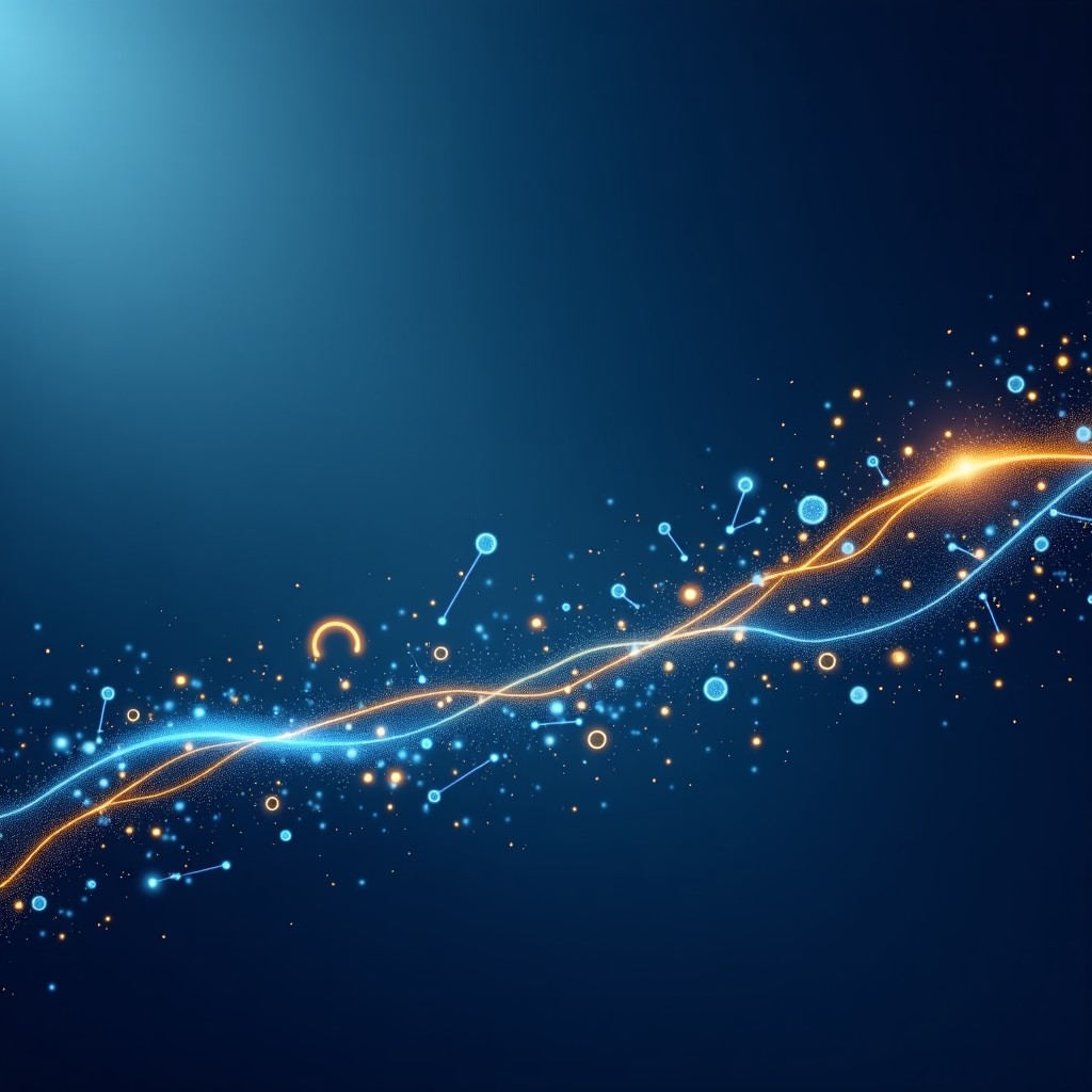 Modern data visualization art showing seamless connectivity, blue and gold color scheme, professional corporate design, 4:3