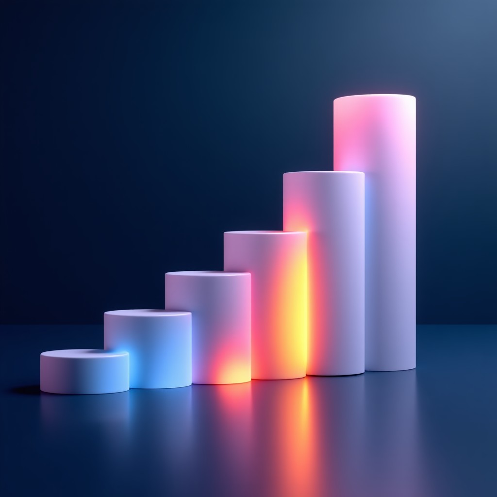 Abstract representation of financial growth and technology, sleek geometric shapes, soft ambient lighting, high-end editorial style, 4:3