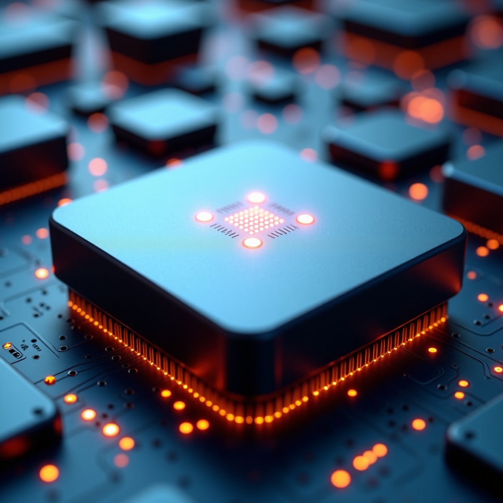 A futuristic close-up shot of a high-tech cooling component for advanced AI chips, metallic finish, glowing micro-circuitry, bokeh industrial background, professional studio lighting, 4:3 aspect ratio.