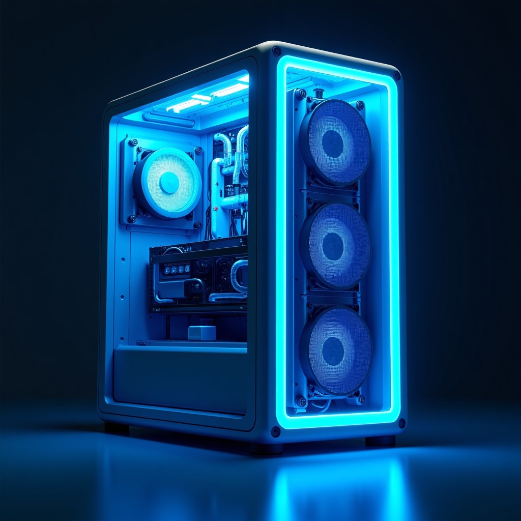 A professional technical visualization of a liquid cooling unit integrated into a complex AI server rack, vibrant blue liquid conduits, clean industrial design, high contrast, 4:3 aspect ratio.