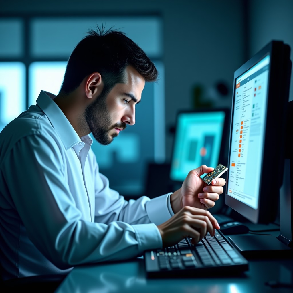 A focused engineer analyzing a modern semiconductor board with advanced instrumentation, clean lab environment, soft professional lighting, realistic style, 4:3 aspect ratio.