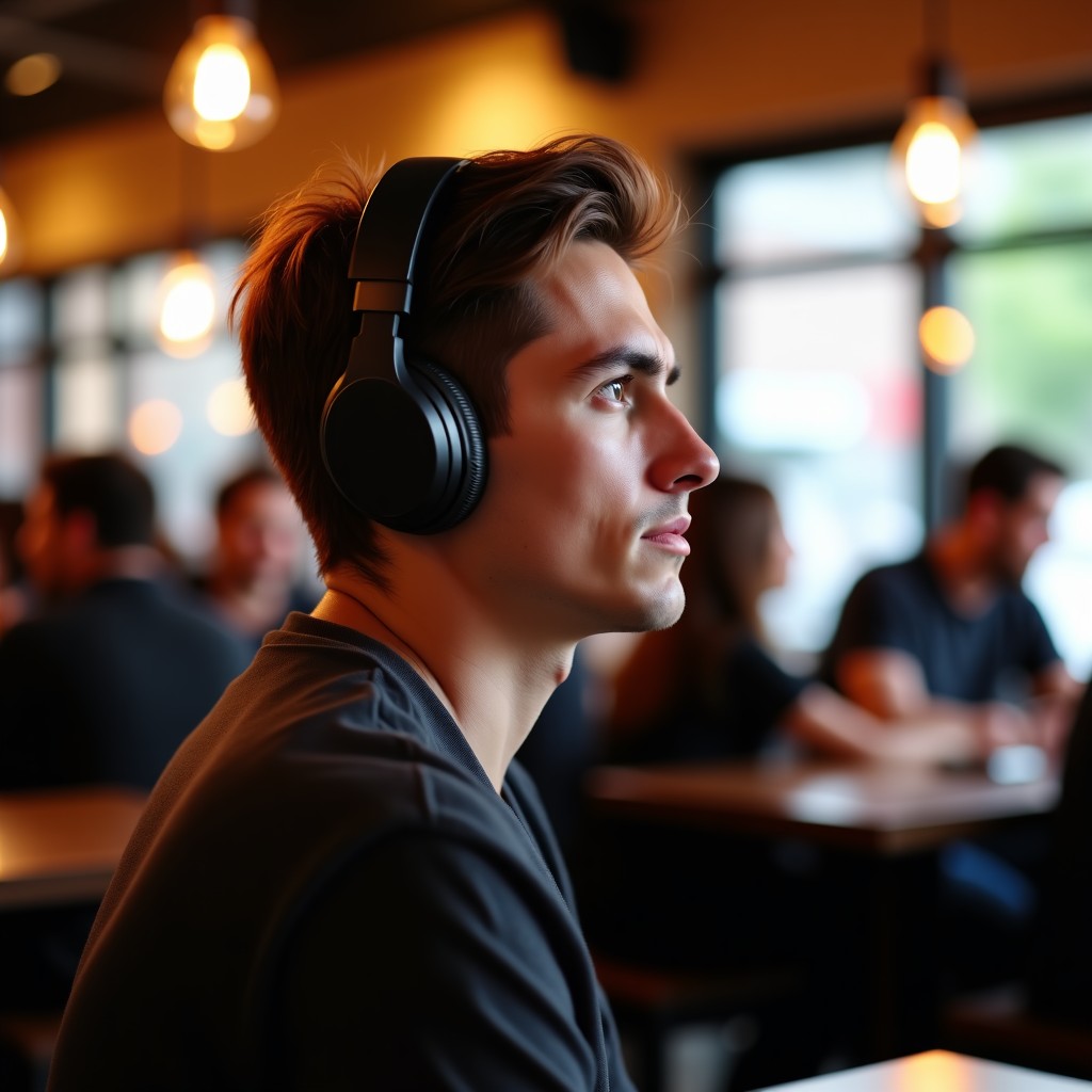 A person sitting in a busy cafe wearing sleek modern over-ear headphones, looking relaxed and focused, warm ambient lighting, shallow depth of field, realistic photography, aspect ratio 1:1.