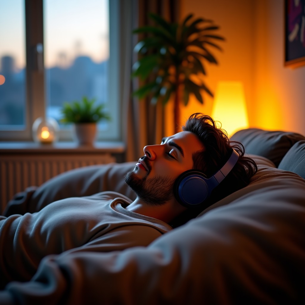 A person lying on a comfortable sofa in a modern living room listening to music with headphones, cozy interior, evening ambient light, sharp focus on the headset, aspect ratio 4:3.