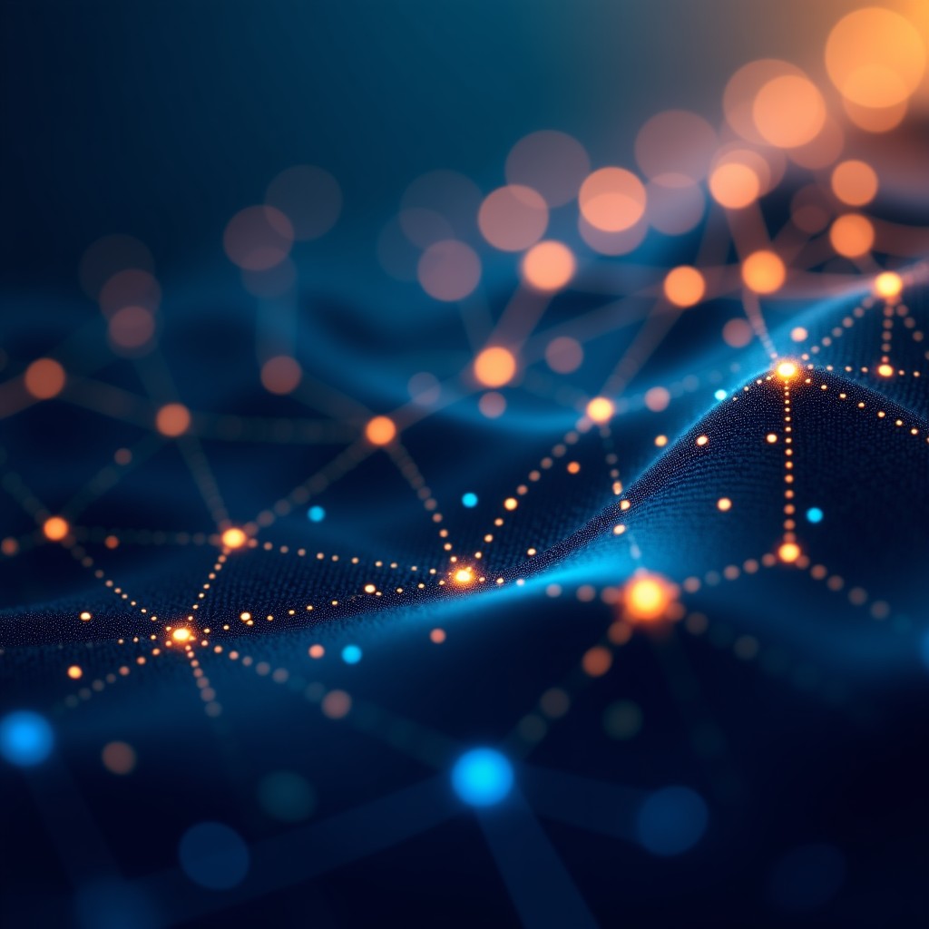 Abstract representation of structured data and neural network nodes, deep blue and gold color palette, digital professional style, 4:3