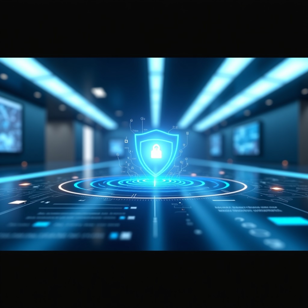 A bright and clean futuristic environment with glowing holographic interface elements showing data security protocols, soft lighting, 4:3 aspect ratio