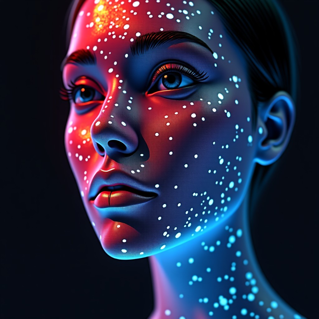 Abstract representation of digital pixels forming a realistic human face with glitches, representing deepfake technology, high contrast, colorful glowing accents, 1:3