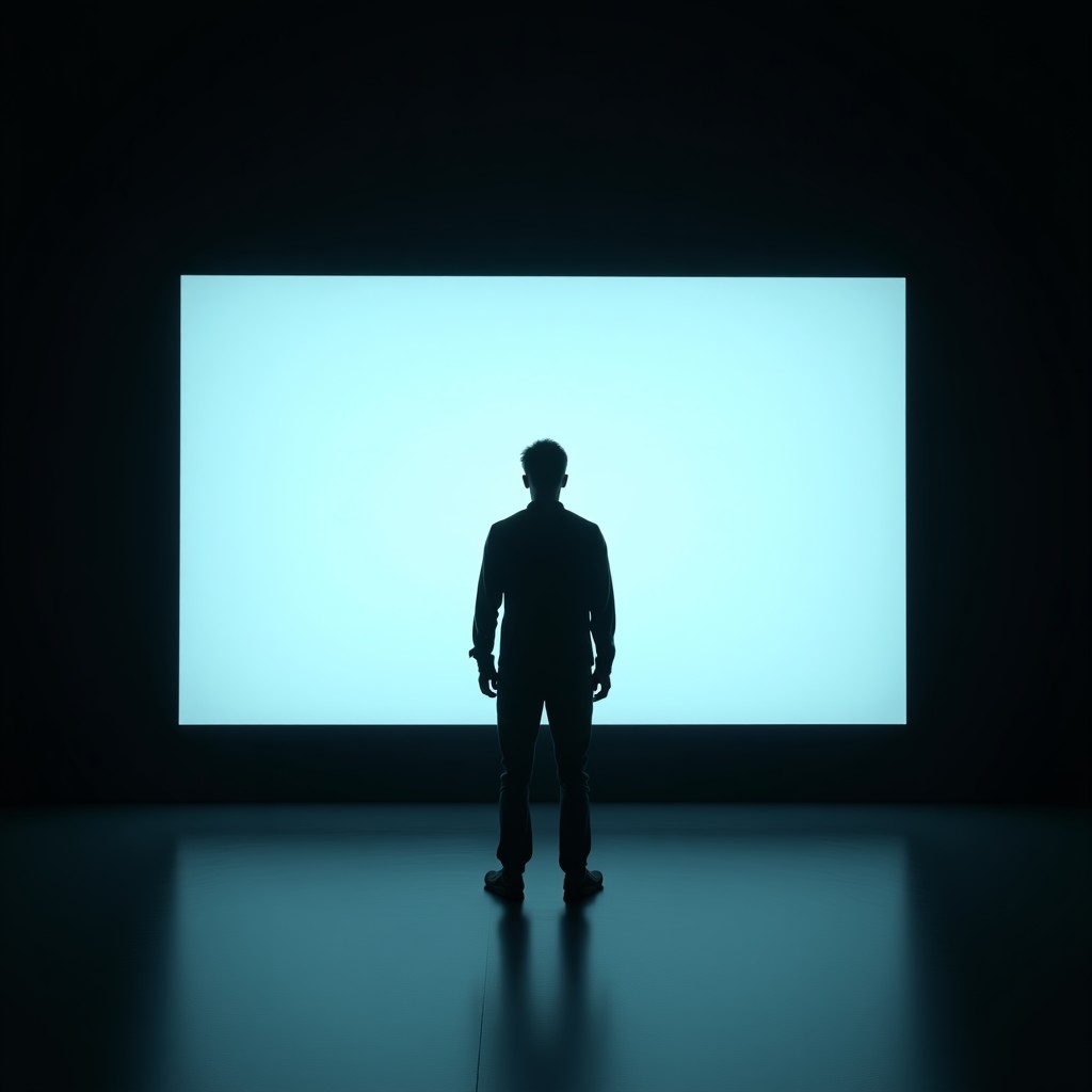 Silhouette of a person looking at a giant digital screen in a dark room, conceptual art, focus on critical thinking and media literacy, cinematic composition, 4:3