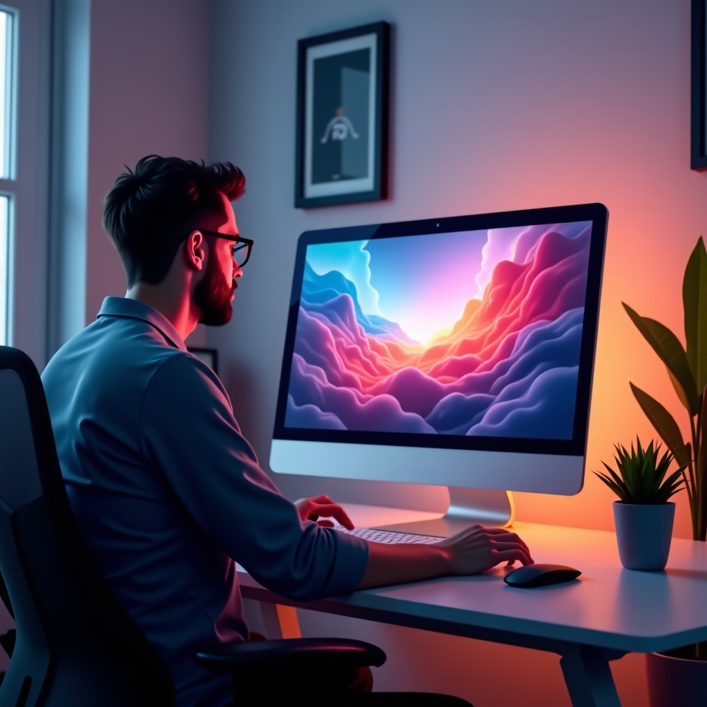 An artist designing visual effects on a computer screen, clean studio, abstract creative workspace background, soft ambient lighting, high resolution, 4:3.