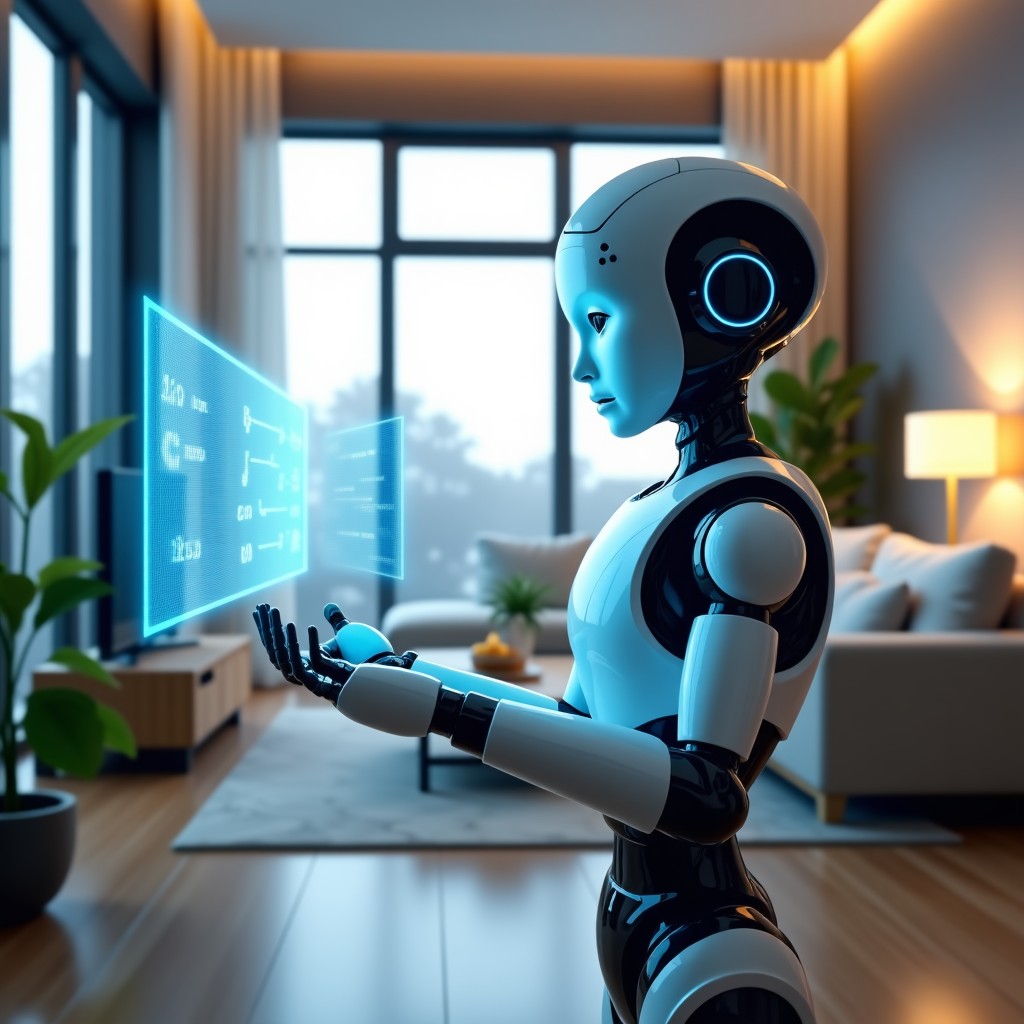 A high-tech humanoid robot interacting with its environment in a modern home, showing a visual data stream overlay, hyper-realistic, soft lighting, 16:9 aspect ratio.