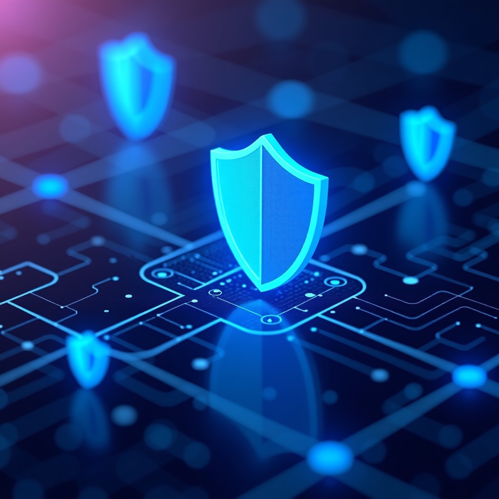 A digital interface showing abstract protective shields against malicious data packets, high tech aesthetic, blue and purple tones, detailed composition 4:3