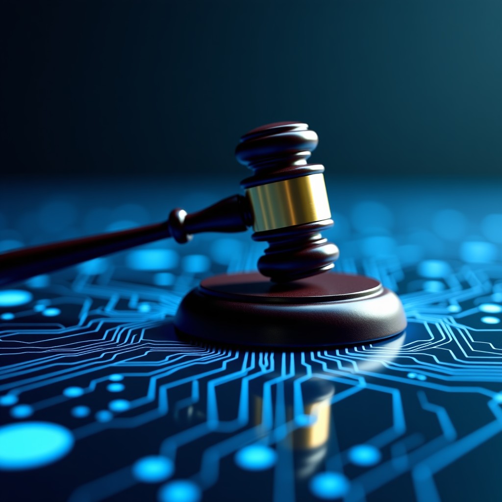 A gavel on top of a futuristic digital circuit board, representing the intersection of law and technology, high contrast, clean minimalist background 4:3