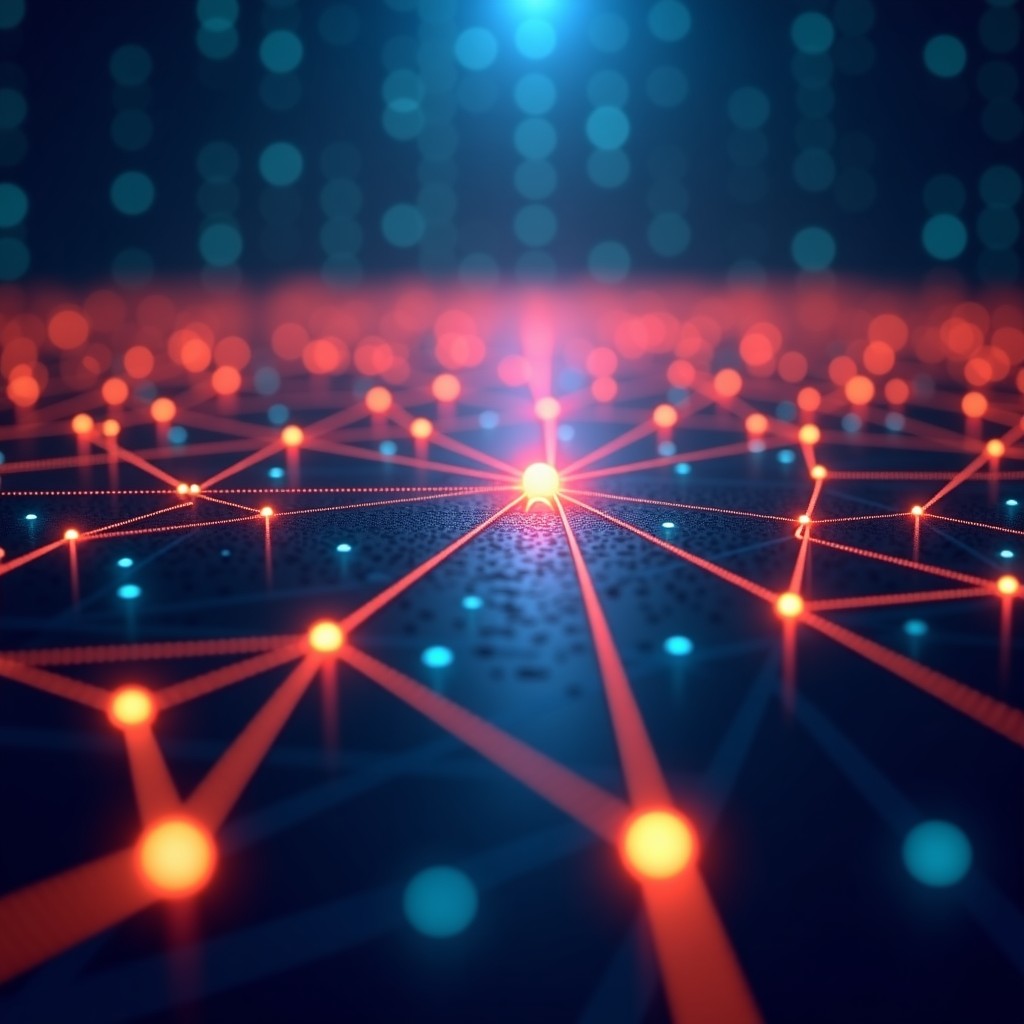 Abstract view of a secure digital network, glowing lines connecting nodes, high quality professional photography, depth of field 16:9