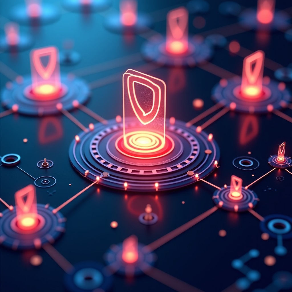 Abstract representation of a secure digital perimeter with complex network nodes and shield icons in a high-tech interface, glowing colors, 4:3