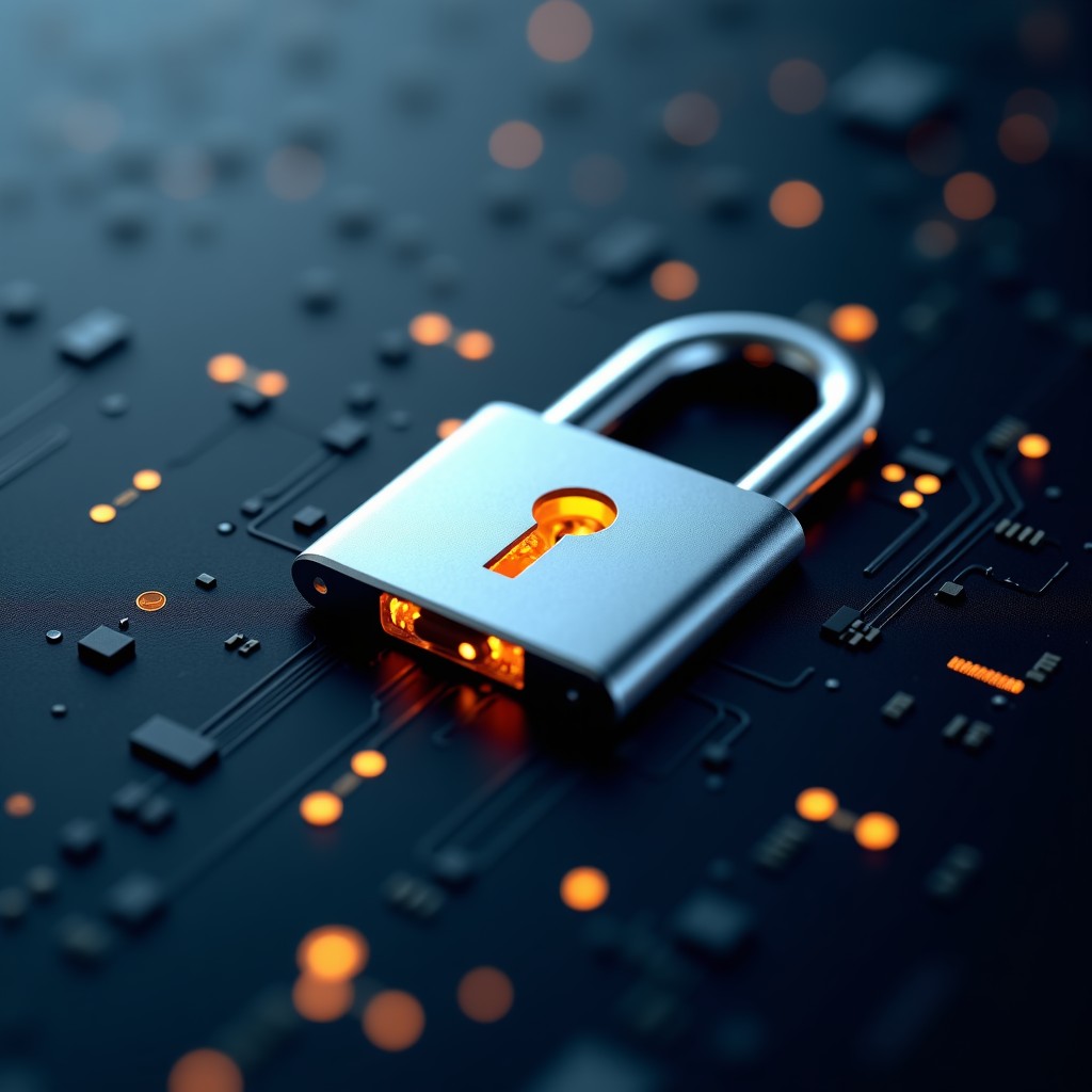 A symbolic representation of digital privacy, a silver lock integrated with glowing circuitry on a dark textured background, cinematic depth of field, 4:3