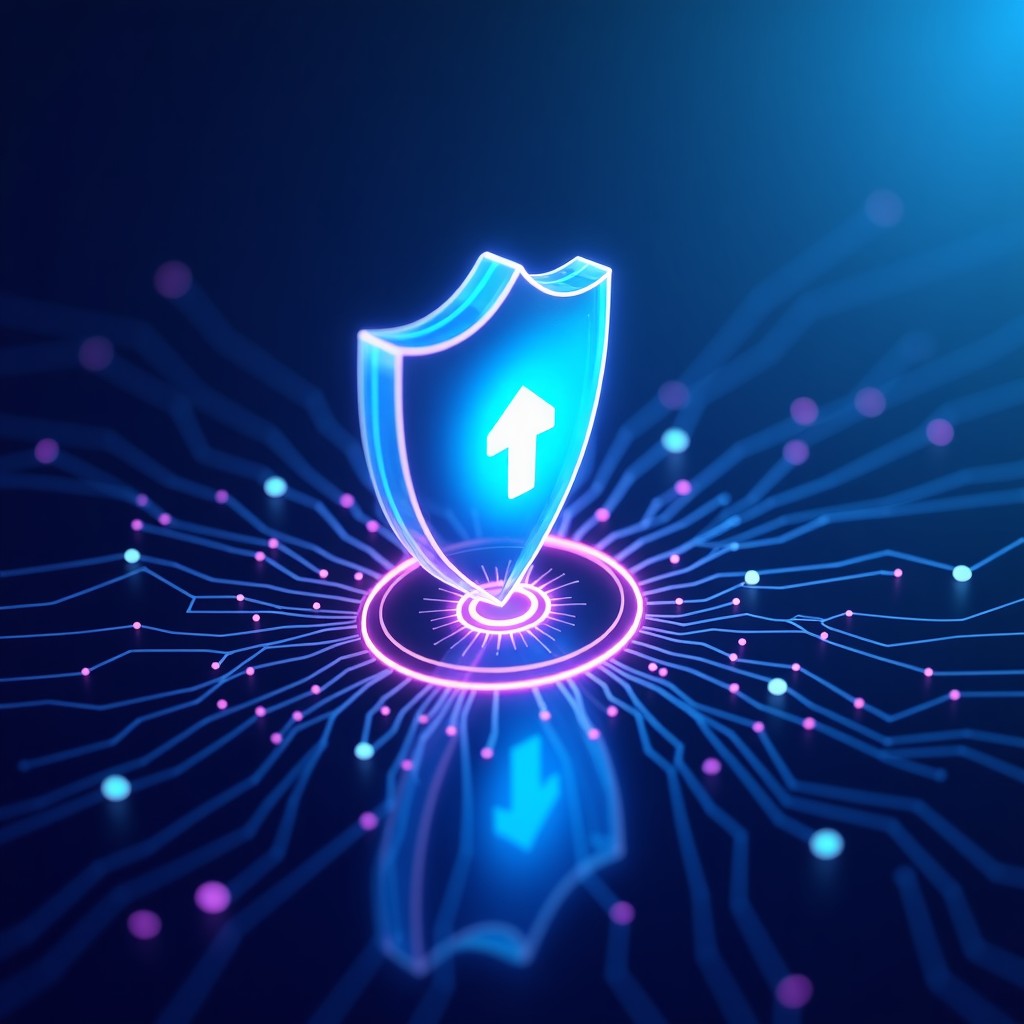 Abstract representation of cybersecurity and digital safety, glowing shield icon against complex data streams, blue and purple gradient background, hyper-realistic, 4:3.