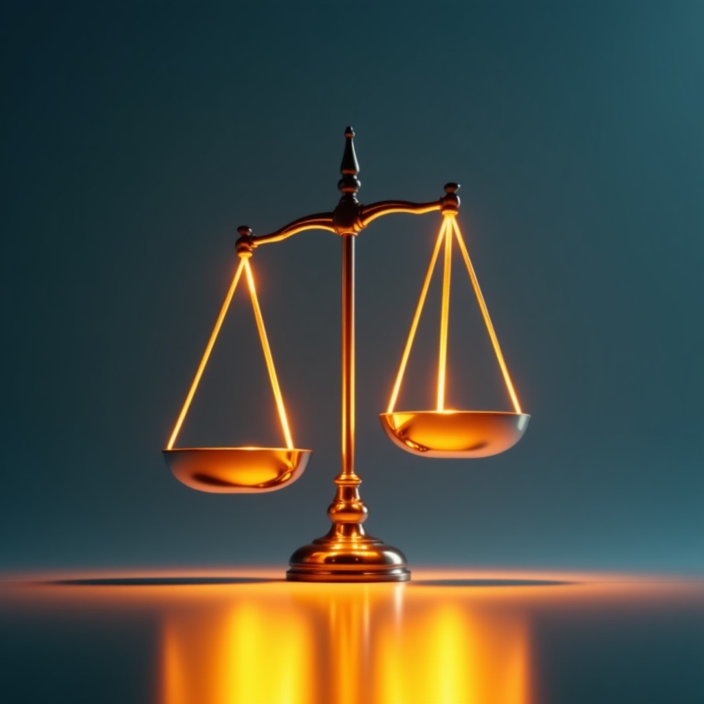 Conceptual art of a scale balancing technological innovation and ethical human safety, minimalist style, warm and cold lighting contrast, sharp focus, 4:3.