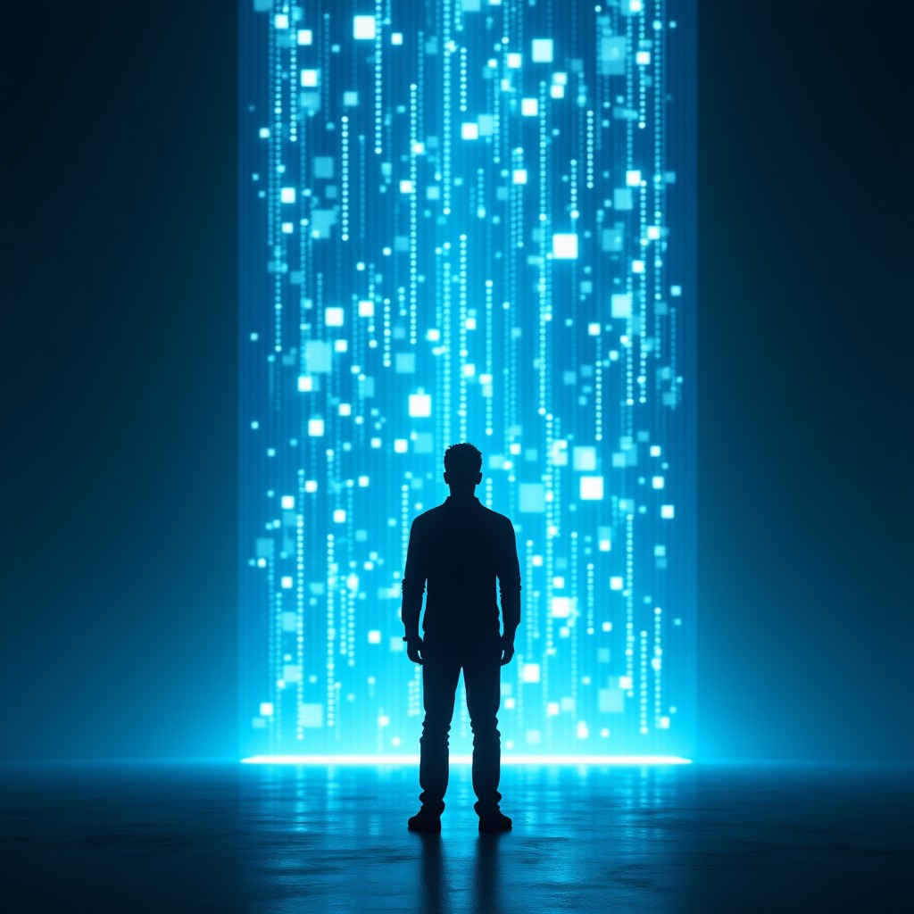 Silhouette of a person standing in front of a giant complex digital architecture of lights and data, looking into a brighter future, professional photography, 4:3.