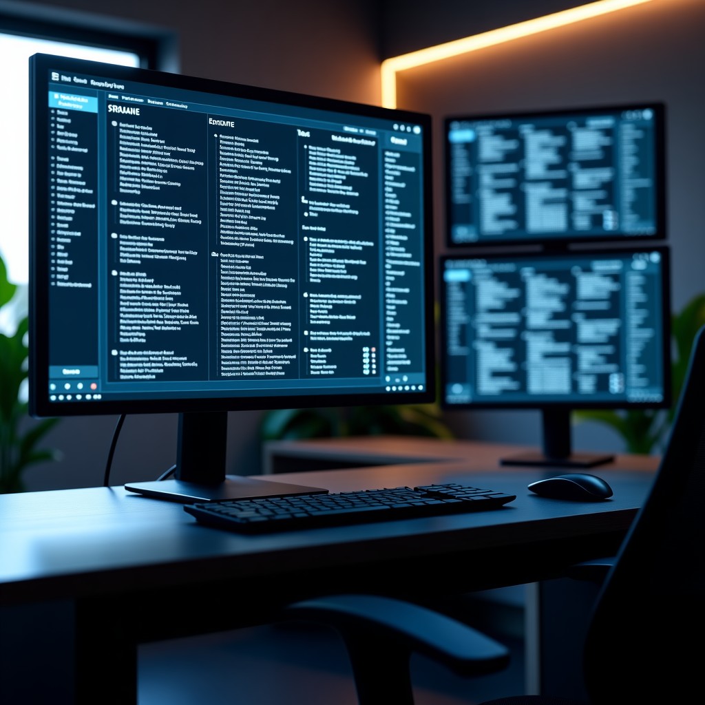 A professional game development studio screen with multiple complex settings and controls for AI rendering, sleek futuristic UI design, 8k resolution, aspect ratio 16:9