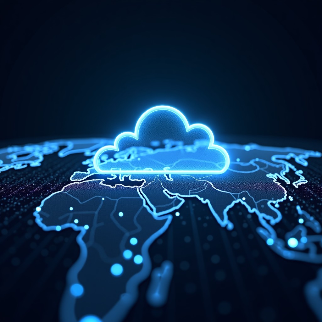 A wide angle view of global connectivity, glowing fiber optic lines integrated with cloud computing concepts, dark background, professional and clean tech style, 16:9