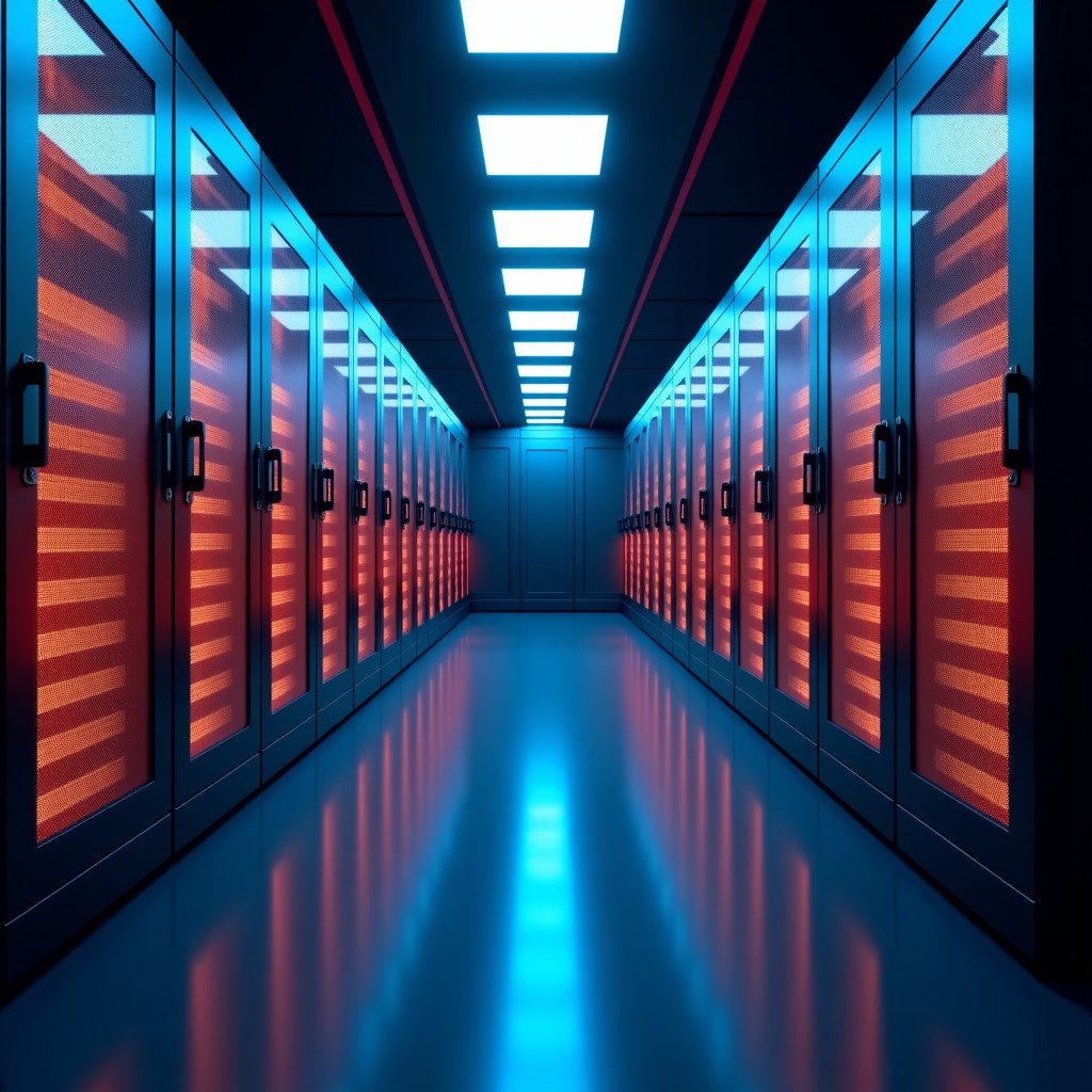 A modern secure server room with glowing lights and complex network patterns on walls, professional cybersecurity concept, cinematic lighting, 4:3