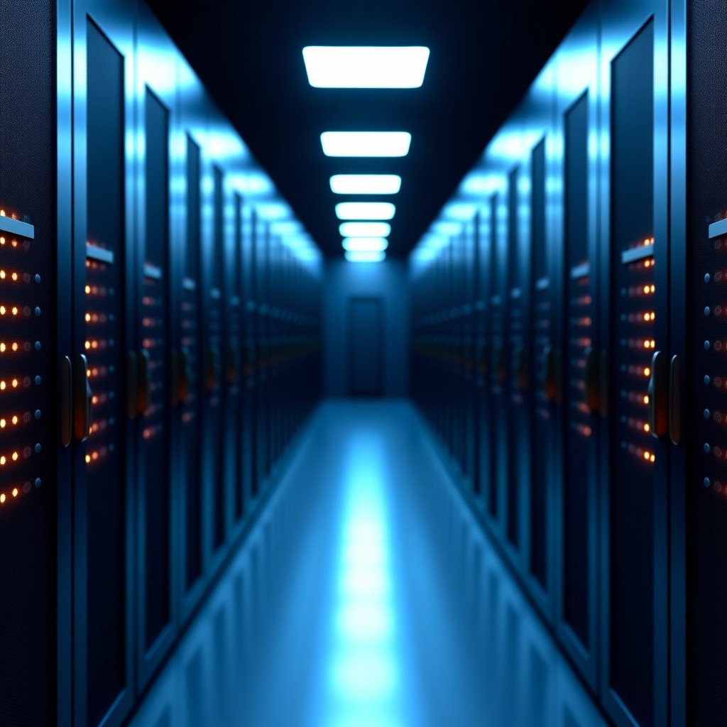 Rows of glowing server racks in a modern data center, focused depth of field, cool lighting, high-tech industrial aesthetic, 16:9 ratio