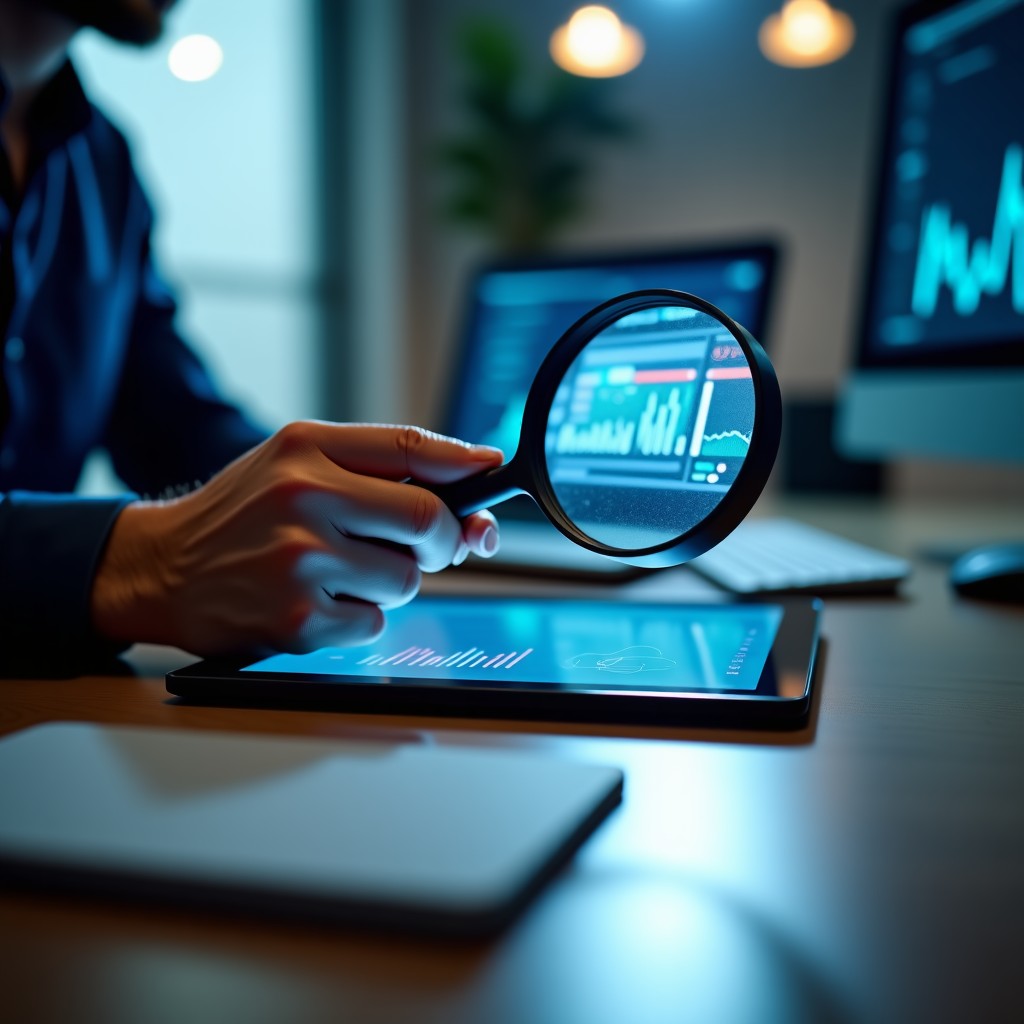 A professional workspace with a digital tablet and magnifying glass, focused on verifying digital media content, clean modern desk, cinematic lighting, 4:3