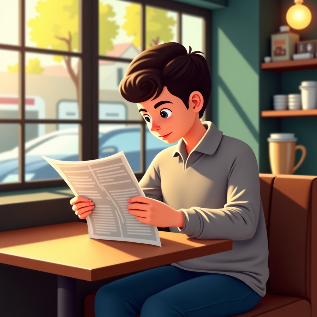 A person reading a physical newspaper in a quiet coffee shop, thoughtful expression, warm morning sunlight, 4:3