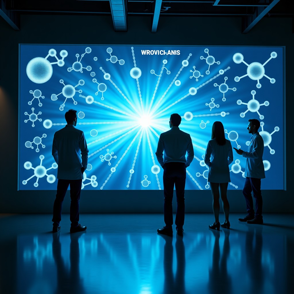A team of researchers looking at a futuristic digital display visualizing molecular bonds, realistic professional work setting, soft natural lighting, 4:3 aspect ratio.