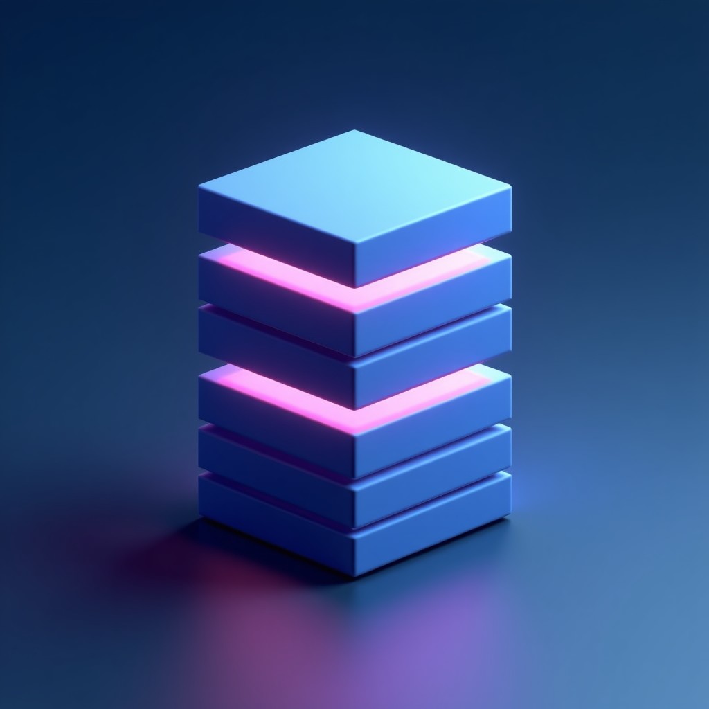 Abstract futuristic geometric structure representing solid database architecture and data security, calm blue and purple lighting, 4:3