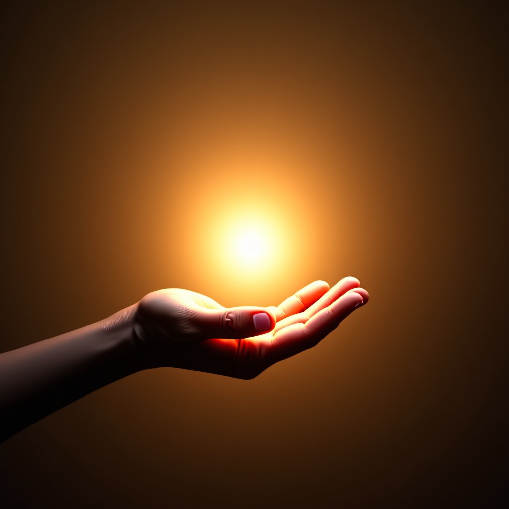 A peaceful, warm-toned image of a human hand reaching out to a digital light projection, representing connection and mutual understanding, 4:3