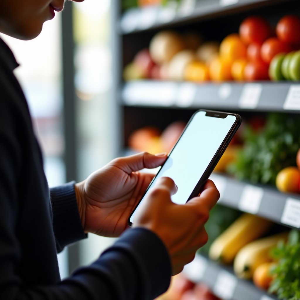 Close up shot of a person using a smartphone app to order groceries, realistic setting, soft natural indoor lighting, focused on screen interface, 4:3
